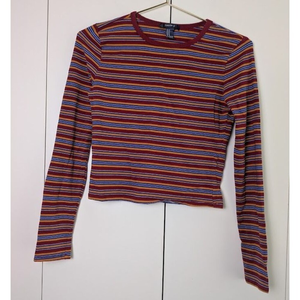Forever 21 Top Women M Orange White Stripe Cropped Long Sleeve y2k